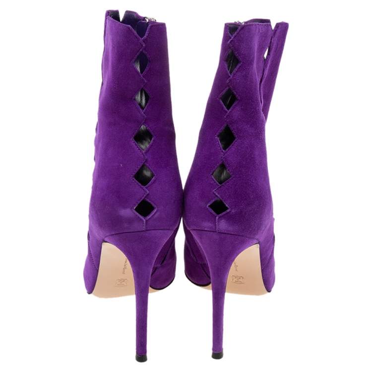 Pre Owned Gianvito Rossi Purple Suede Diamond Cut-Out Peep-Toe Ankle Booties Size 39