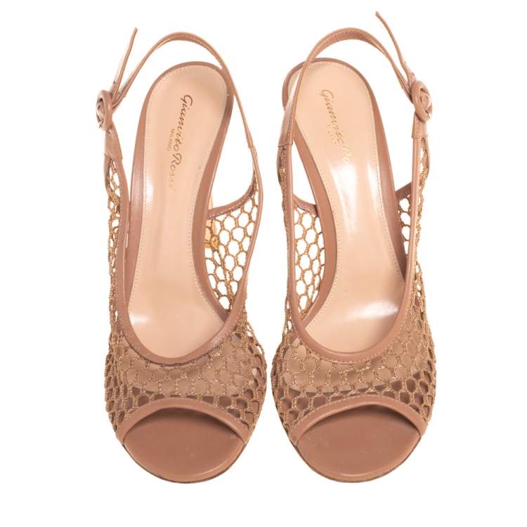 Pre Owned Gianvito Rossi Beige Leather And Mesh Slingback Sandals Size 39.5