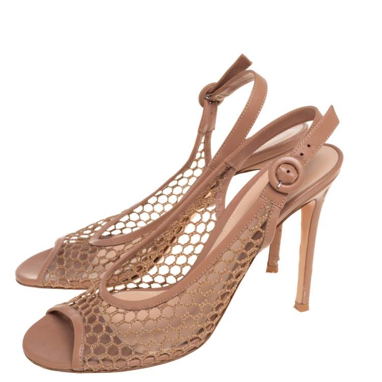 Pre Owned Gianvito Rossi Beige Leather And Mesh Slingback Sandals Size 39.5