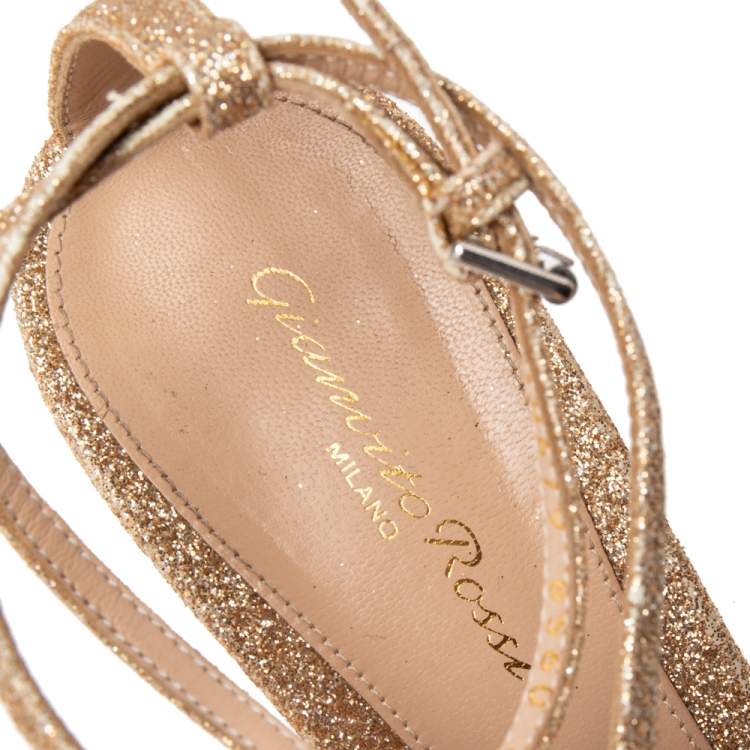 Pre Owned Gianvito Rossi Metallic Gold Glitter Strappy Sandals Size 40