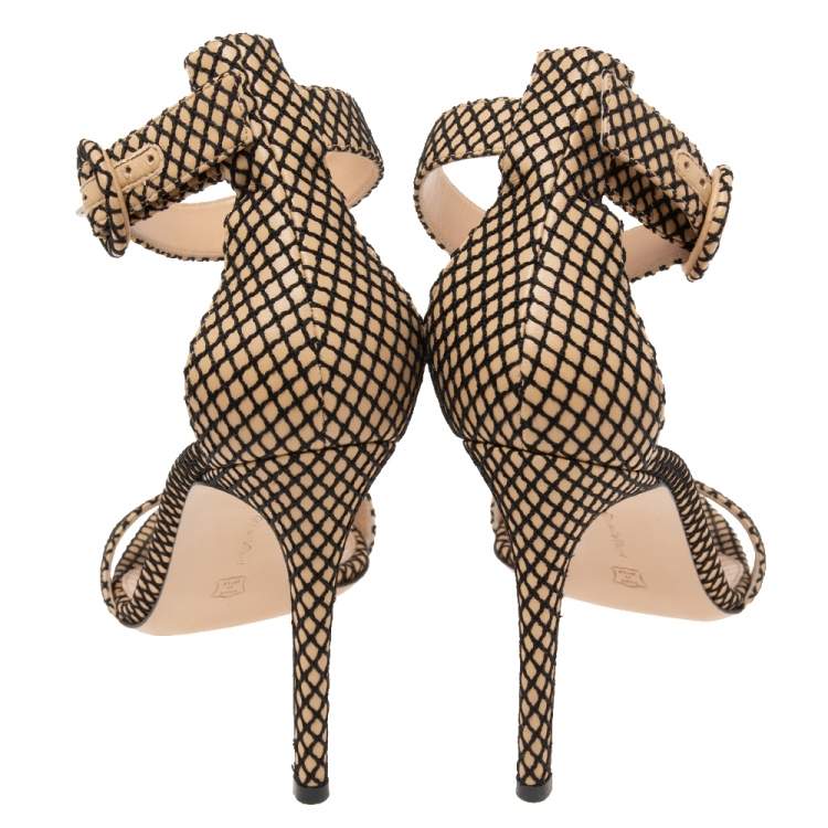 Pre Owned Gianvito Rossi Beige/Black Leather And Mesh Portofino Sandals Size 39