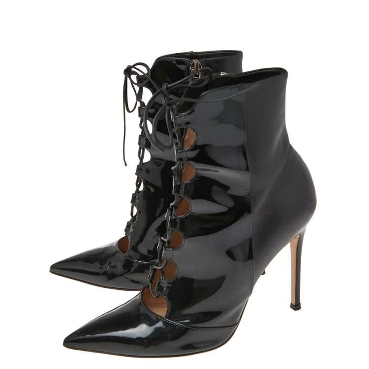 Pre Owned Gianvito Rossi Black Patent and Leather Lace-Up Ankle Booties Size 39