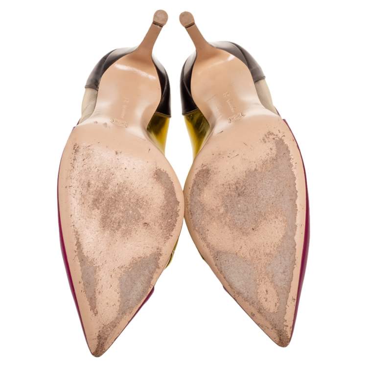 Pre Owned Gianvito Rossi Tri-Color Metallic Leather and Mesh Paneled Pointed-Toe Pumps Size 38.5