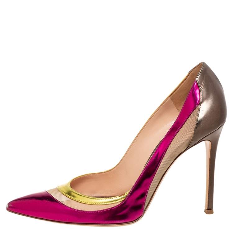 Pre Owned Gianvito Rossi Tri-Color Metallic Leather and Mesh Paneled Pointed-Toe Pumps Size 38.5