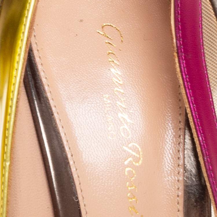 Pre Owned Gianvito Rossi Tri-Color Metallic Leather and Mesh Paneled Pointed-Toe Pumps Size 38.5