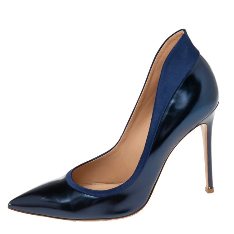 Pre Owned Gianvito Rossi Metallic Blue Patent And Satin Pointed Toe Pumps Size 41