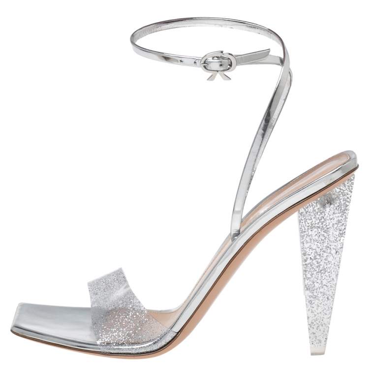 Pre Owned Gianvito Rossi Silver Leather And PVC Ankle Wrap Sandals Size 39