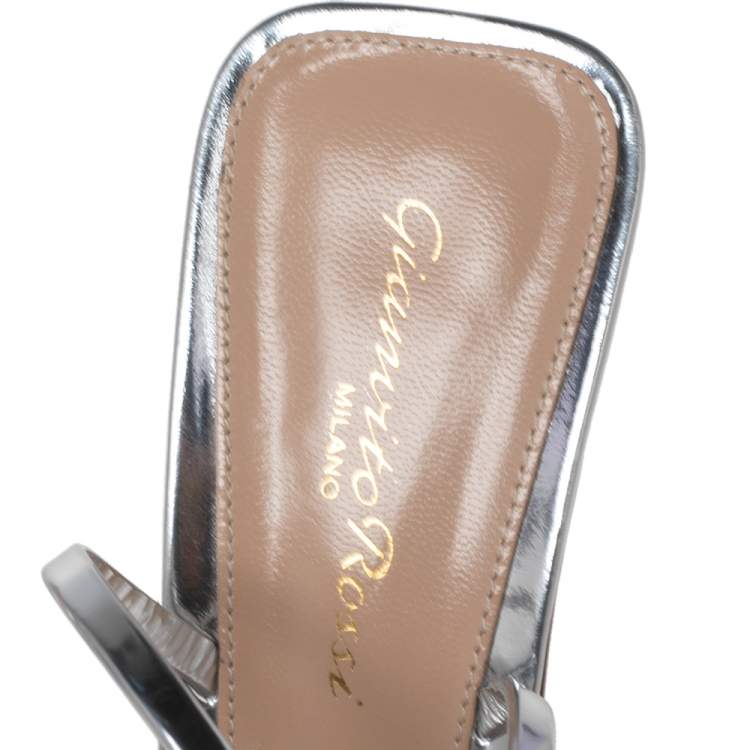 Pre Owned Gianvito Rossi Silver Leather And PVC Ankle Wrap Sandals Size 39