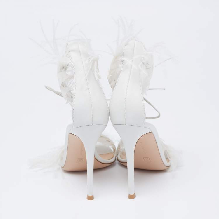 Pre Owned Gianvito Rossi White Leather and Feather Athena Sandals Size 38
