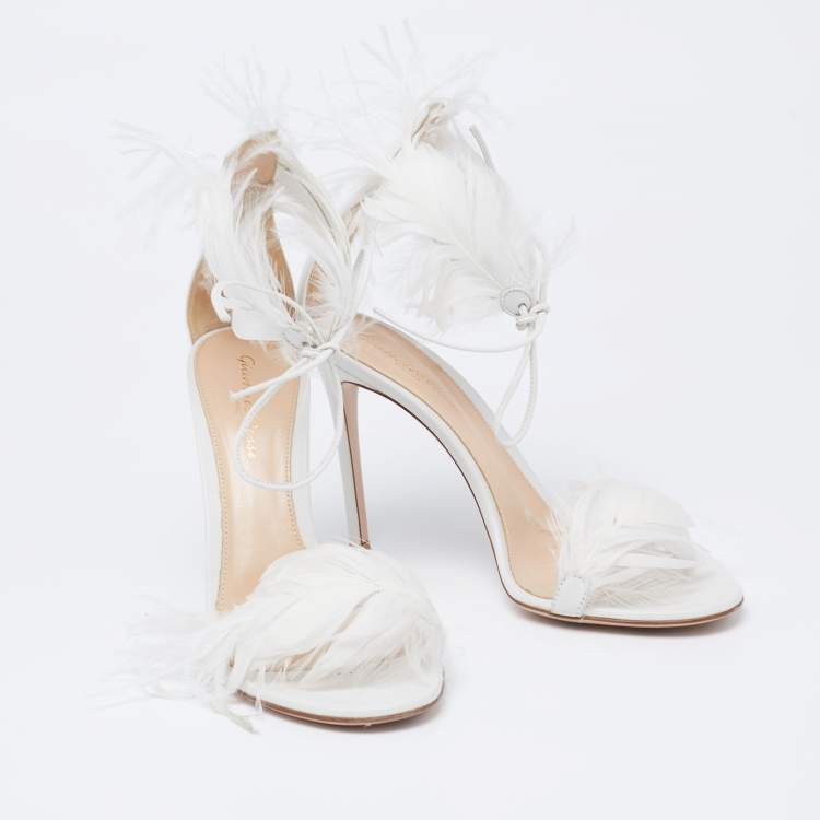 Pre Owned Gianvito Rossi White Leather and Feather Athena Sandals Size 38