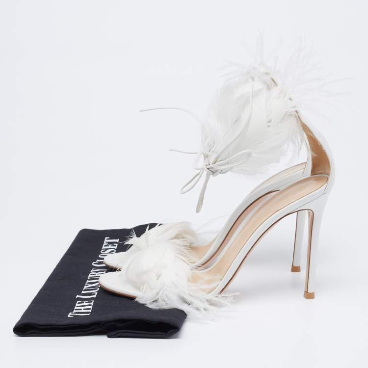 Pre Owned Gianvito Rossi White Leather and Feather Athena Sandals Size 38