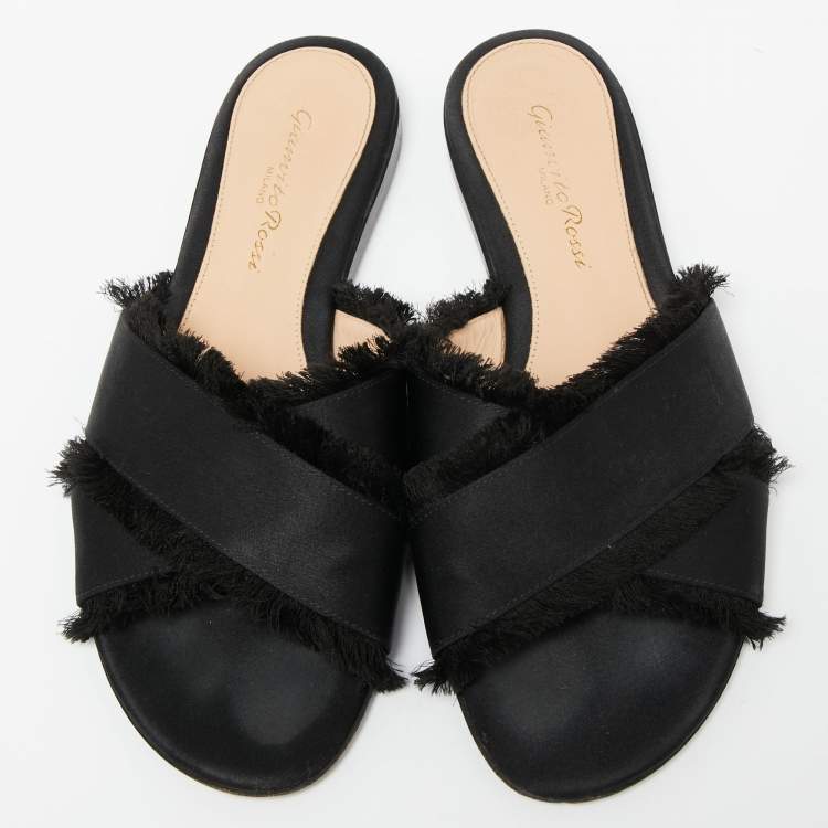 Pre Owned Gianvito Rossi Black Satin Barth Flat Slides Size 36