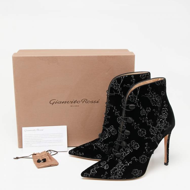 Pre Owned Gianvito Rossi Black Embroidered Velvet Empress Ankle Booties Size 39.5