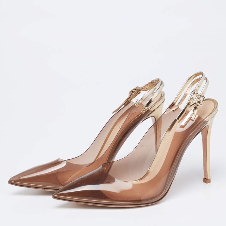 Pre Owned Gianvito Rossi Brown PVC And Leather Kyle 105 Ankle Strap Sandals Size 39