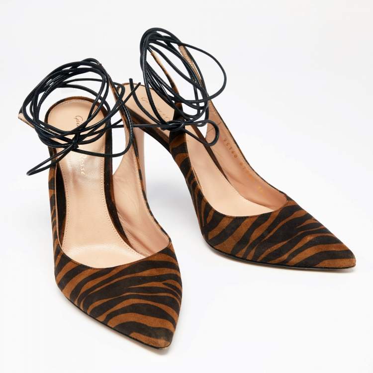Pre Owned Gianvito Rossi Brown Zebra Print Suede Irene Ankle-Tie Pumps Size 38.5