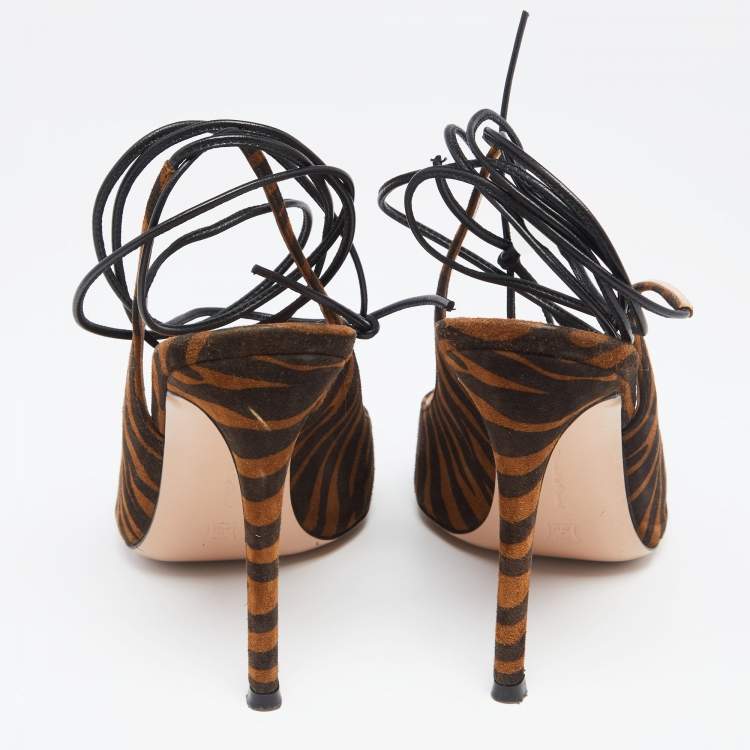 Pre Owned Gianvito Rossi Brown Zebra Print Suede Irene Ankle-Tie Pumps Size 38.5