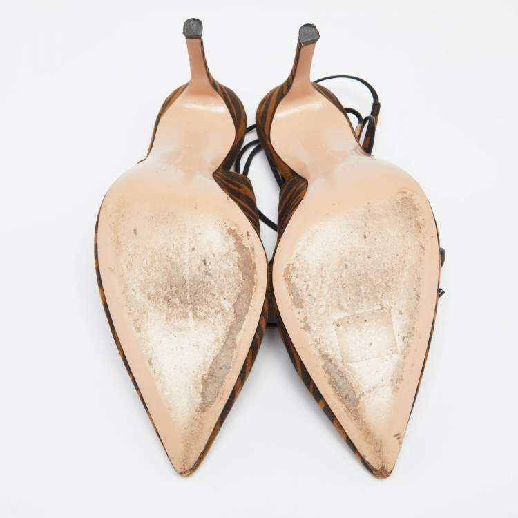 Pre Owned Gianvito Rossi Brown Zebra Print Suede Irene Ankle-Tie Pumps Size 38.5