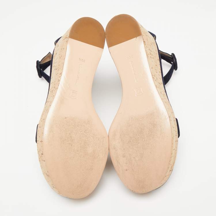 Pre Owned Gianvito Rossi Navy Blue Suede Cork Wedge Platform Ankle-Strap Sandals Size 39.5