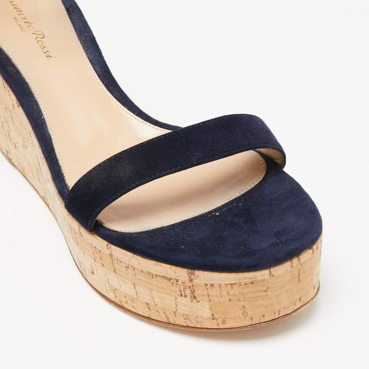 Pre Owned Gianvito Rossi Navy Blue Suede Cork Wedge Platform Ankle-Strap Sandals Size 39.5