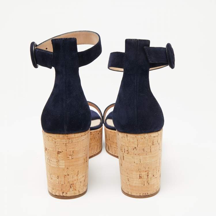 Pre Owned Gianvito Rossi Navy Blue Suede Cork Wedge Platform Ankle-Strap Sandals Size 39.5