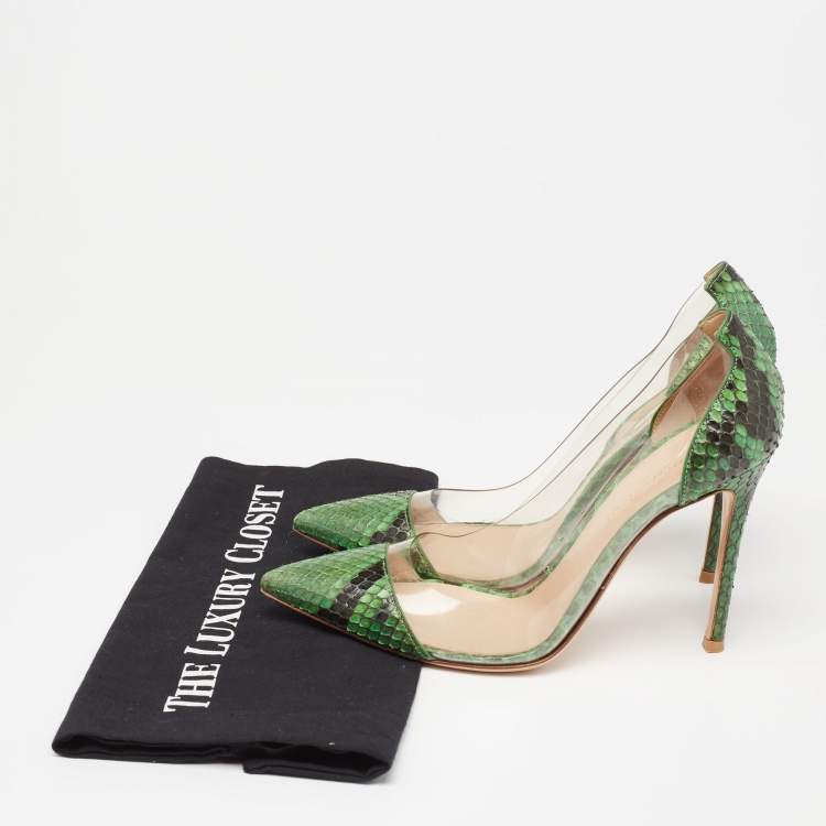 Pre Owned Gianvito Rossi Green Python Leather And PVC Plexi  Pumps Size 37.5 