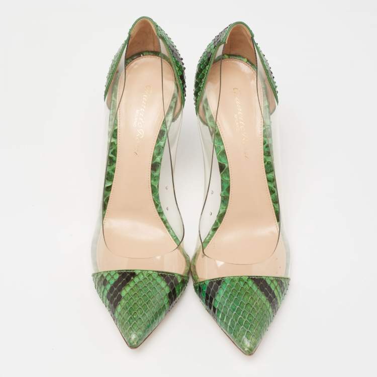 Pre Owned Gianvito Rossi Green Python Leather And PVC Plexi  Pumps Size 37.5 