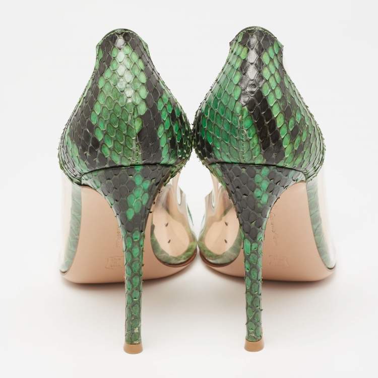 Pre Owned Gianvito Rossi Green Python Leather And PVC Plexi  Pumps Size 37.5 
