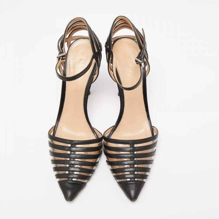 Pre Owned Gianvito Rossi Black Leather and PVC Caged Ankle-Strap Pointed-Toe Pumps Size 36.5