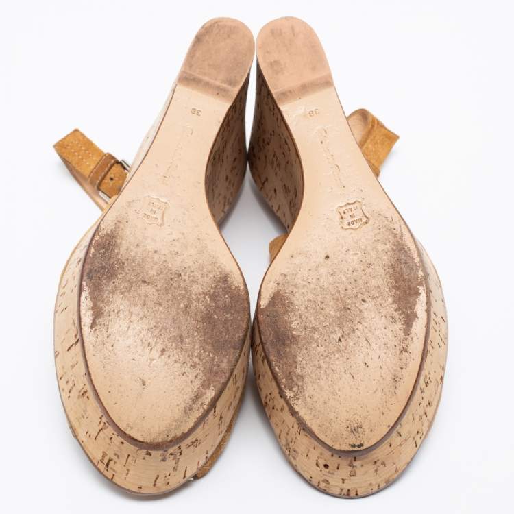 Pre Owned Gianvito Rossi Light Brown Suede Wedge Sandals Size 38