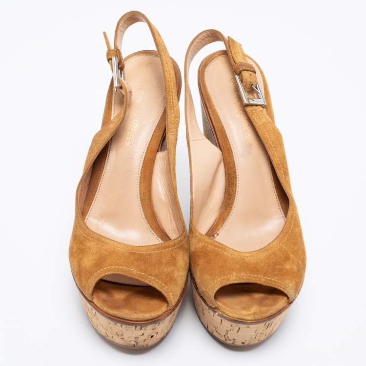 Pre Owned Gianvito Rossi Light Brown Suede Wedge Sandals Size 38