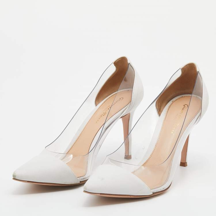 Pre Owned Gianvito Rossi White Leather And PVC Plexi Pointed Toe Pumps Size 37