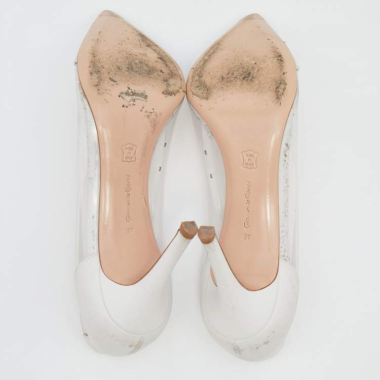 Pre Owned Gianvito Rossi White Leather And PVC Plexi Pointed Toe Pumps Size 37