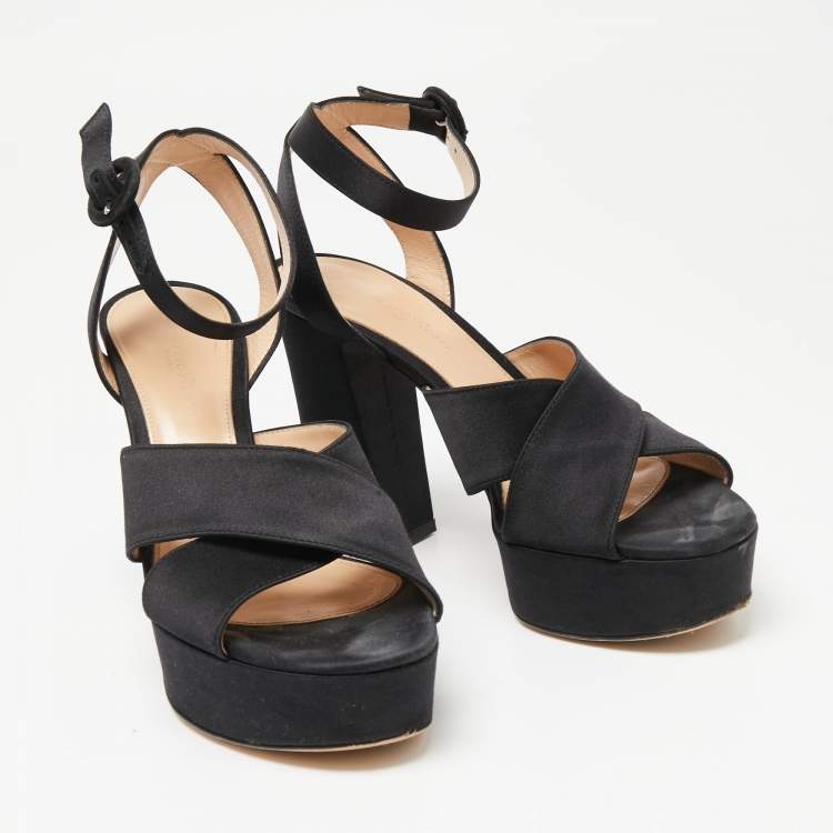 Pre Owned Gianvito Rossi Black Satin Criss Cross Platform Ankle Strap Sandals Size 37.5
