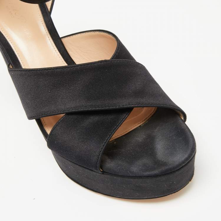 Pre Owned Gianvito Rossi Black Satin Criss Cross Platform Ankle Strap Sandals Size 37.5
