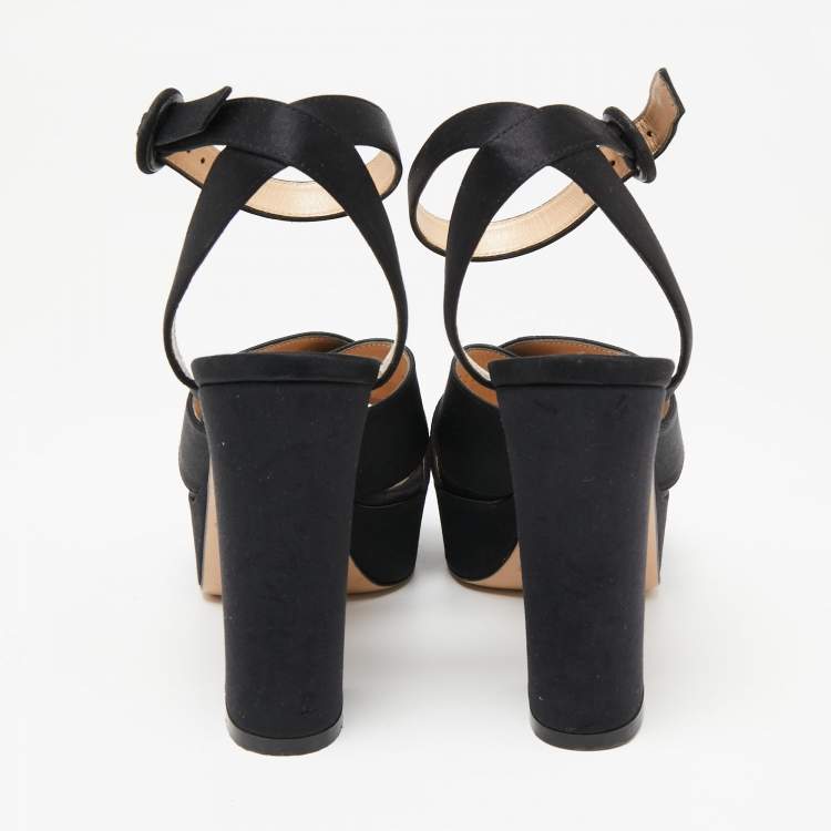 Pre Owned Gianvito Rossi Black Satin Criss Cross Platform Ankle Strap Sandals Size 37.5