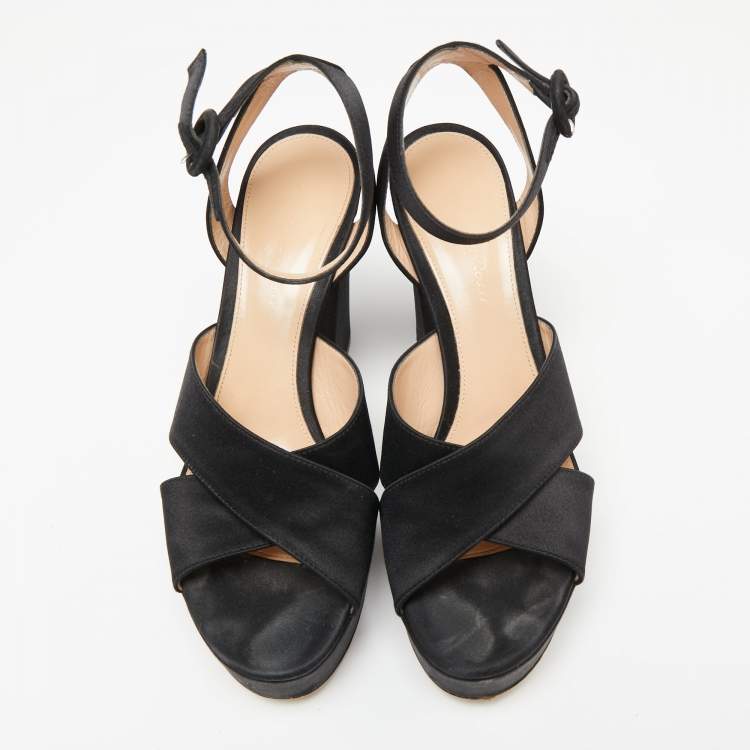 Pre Owned Gianvito Rossi Black Satin Criss Cross Platform Ankle Strap Sandals Size 37.5