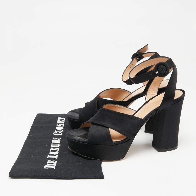 Pre Owned Gianvito Rossi Black Satin Criss Cross Platform Ankle Strap Sandals Size 37.5