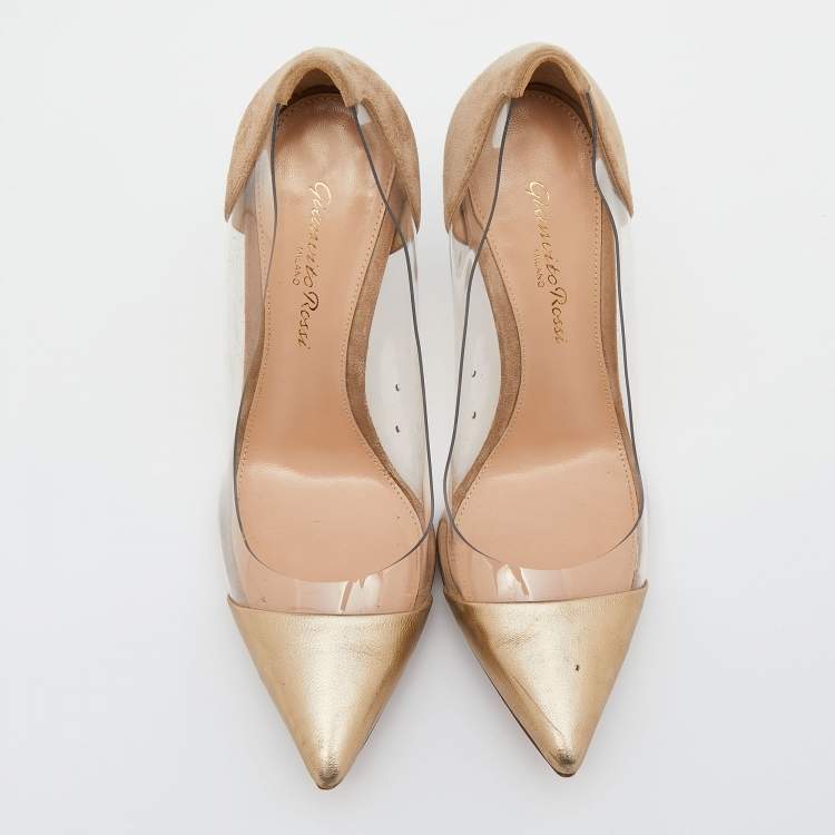 Pre Owned Gianvito Rossi Brown/Gold Suede Leather And PVC Plexi Pumps Size 35.5