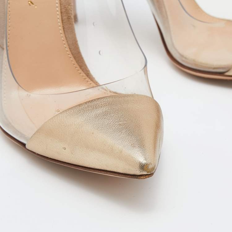 Pre Owned Gianvito Rossi Brown/Gold Suede Leather And PVC Plexi Pumps Size 35.5