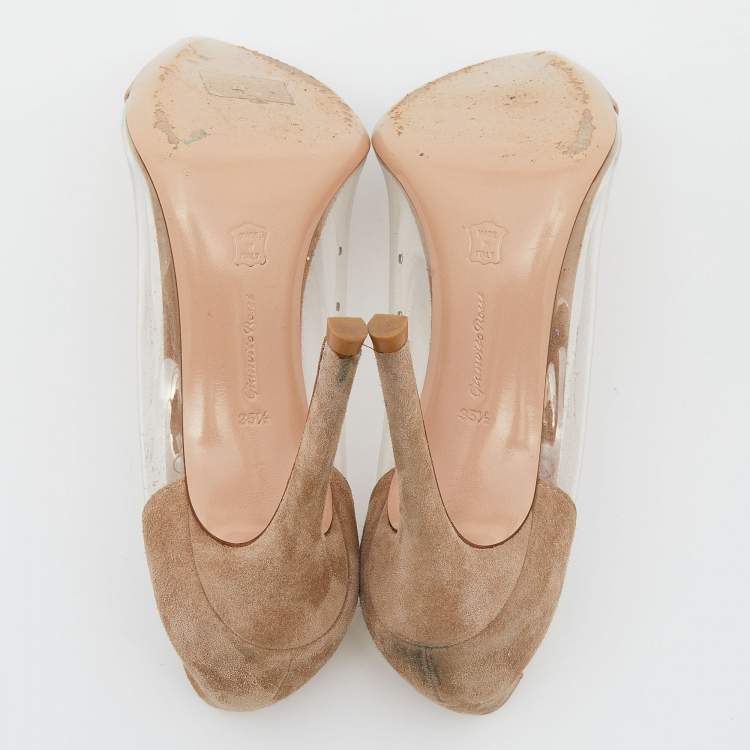 Pre Owned Gianvito Rossi Brown/Gold Suede Leather And PVC Plexi Pumps Size 35.5