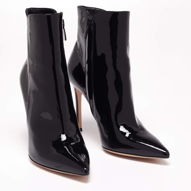 Pre Owned Gianvito Rossi Black Patent Leather Zipper Ankle Boots  Size 36.5