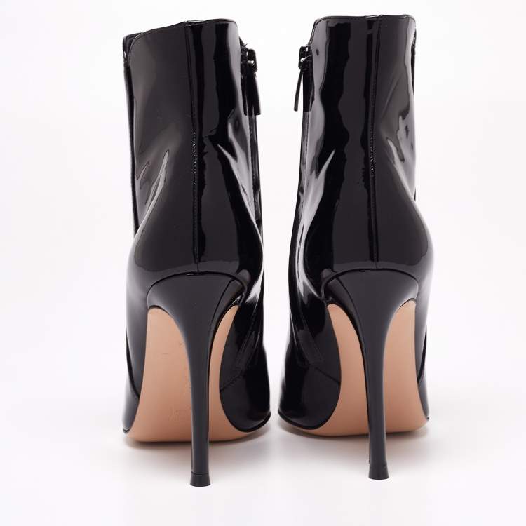 Pre Owned Gianvito Rossi Black Patent Leather Zipper Ankle Boots  Size 36.5