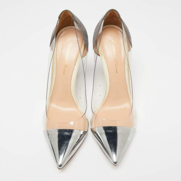 Pre Owned Gianvito Rossi Silver/Grey Leather, Suede and PVC Plexi Pumps Size 37.5