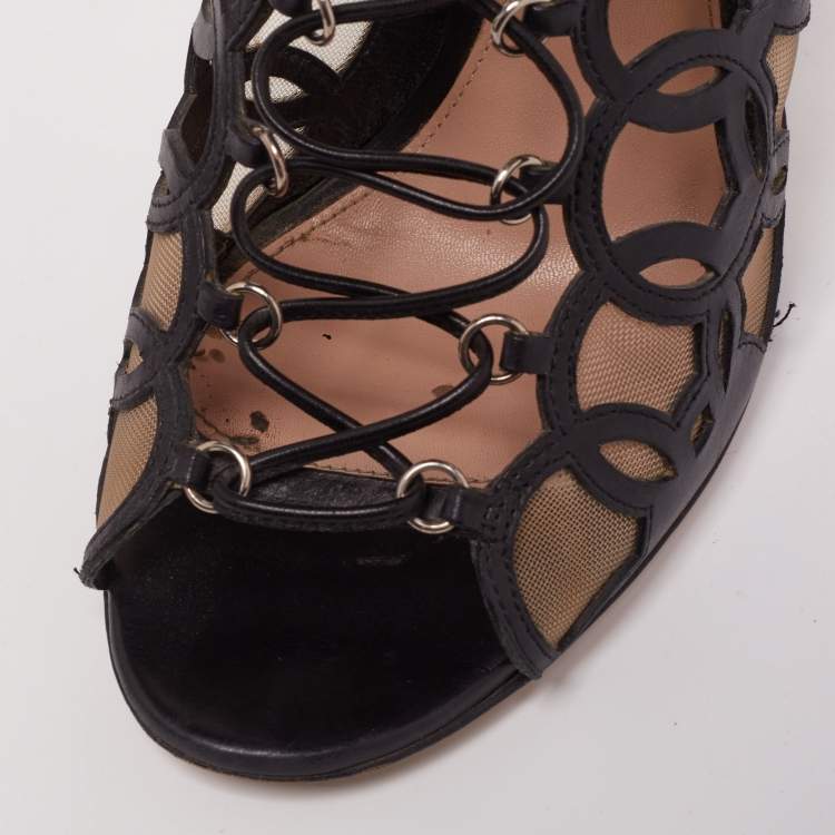 Pre Owned Gianvito Rossi Black Laser Cut Leather Lace-Up Peep-Toe Sandals Size 40