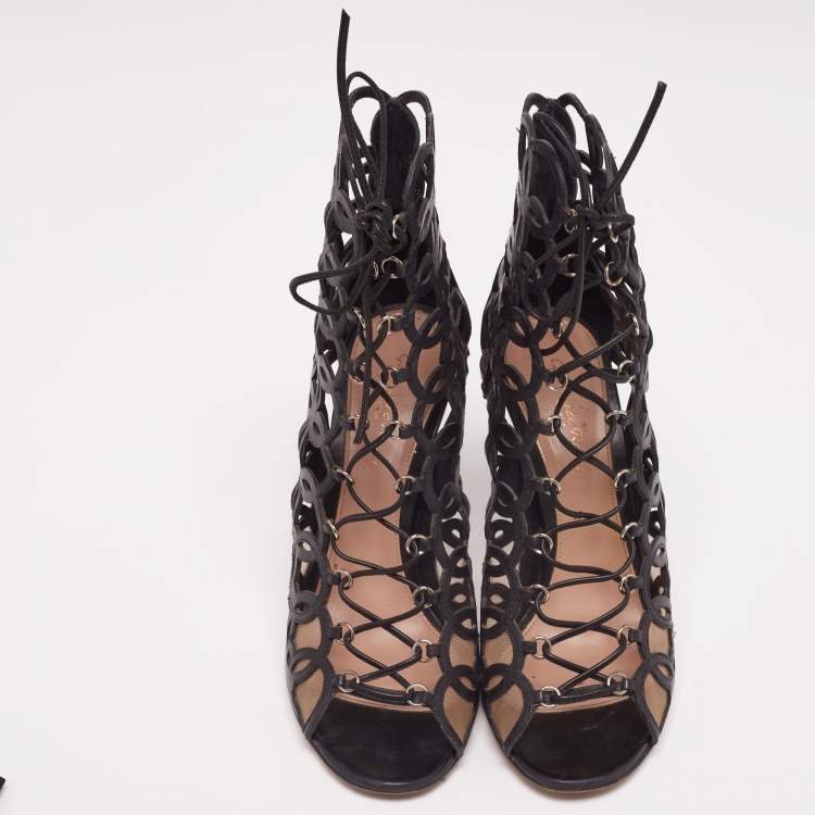 Pre Owned Gianvito Rossi Black Laser Cut Leather Lace-Up Peep-Toe Sandals Size 40