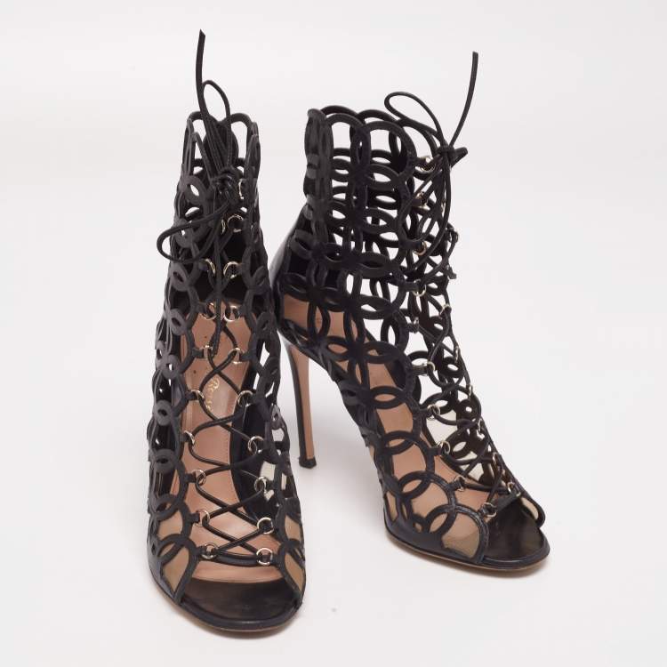 Pre Owned Gianvito Rossi Black Laser Cut Leather Lace-Up Peep-Toe Sandals Size 40