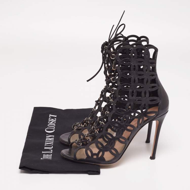 Pre Owned Gianvito Rossi Black Laser Cut Leather Lace-Up Peep-Toe Sandals Size 40