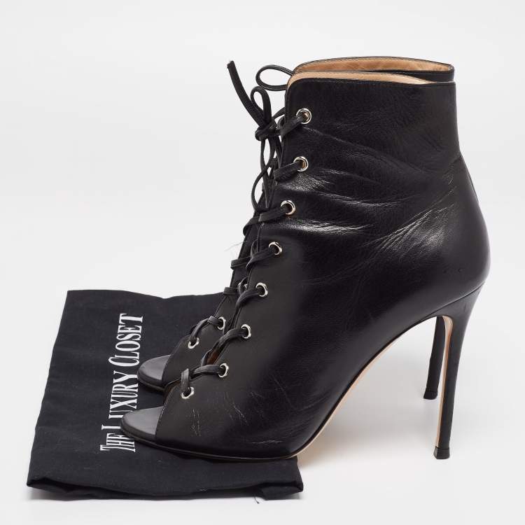 Pre Owned Gianvito Rossi Black Leather Open Toe Lace Up Ankle Boots Size 41
