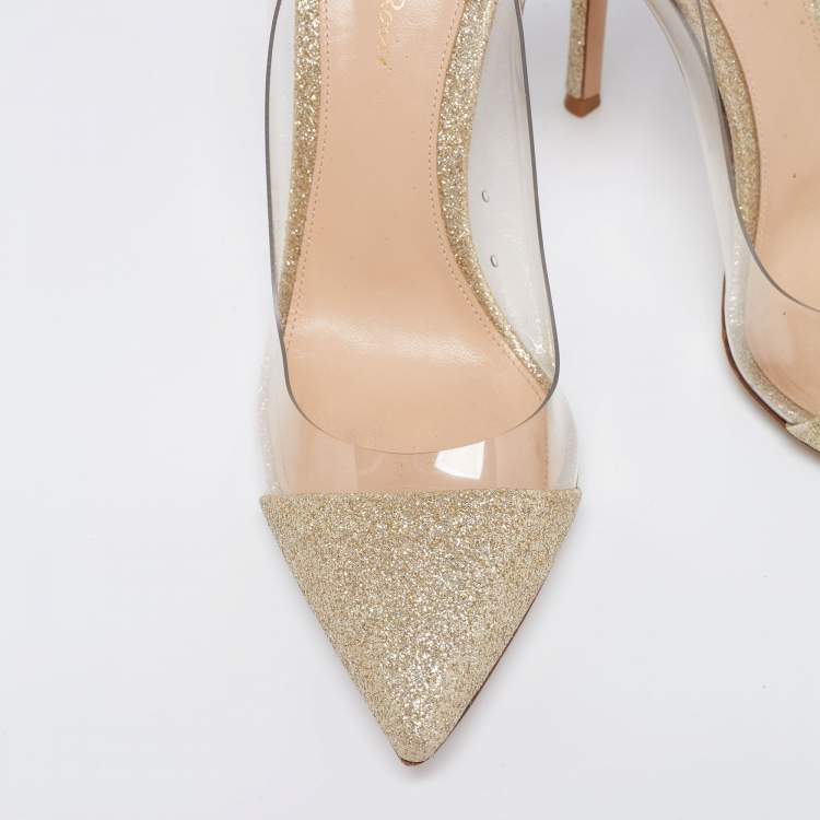 Pre Owned Gianvito Rossi Gold Glitter and PVC Plexi Pumps Size 38