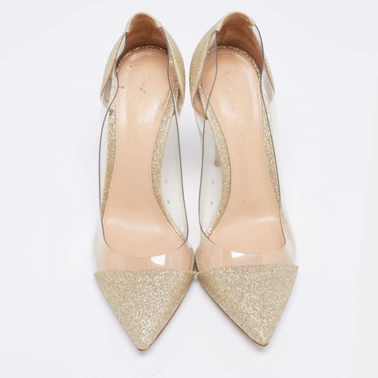 Pre Owned Gianvito Rossi Gold Glitter and PVC Plexi Pumps Size 38